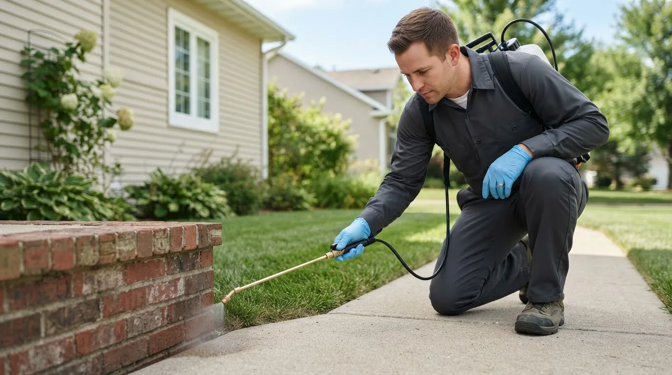 Pest control technician treating a home near Rolling Hills, WY